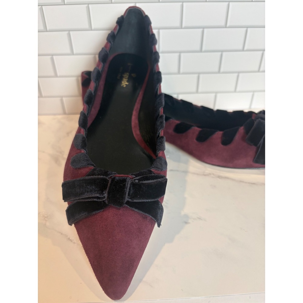 Kate Spade Burgundy Suede Velvet Whipstitch Bow Pointed Toe Flats Shoes 8.5M NIB - Picture 2 of 9